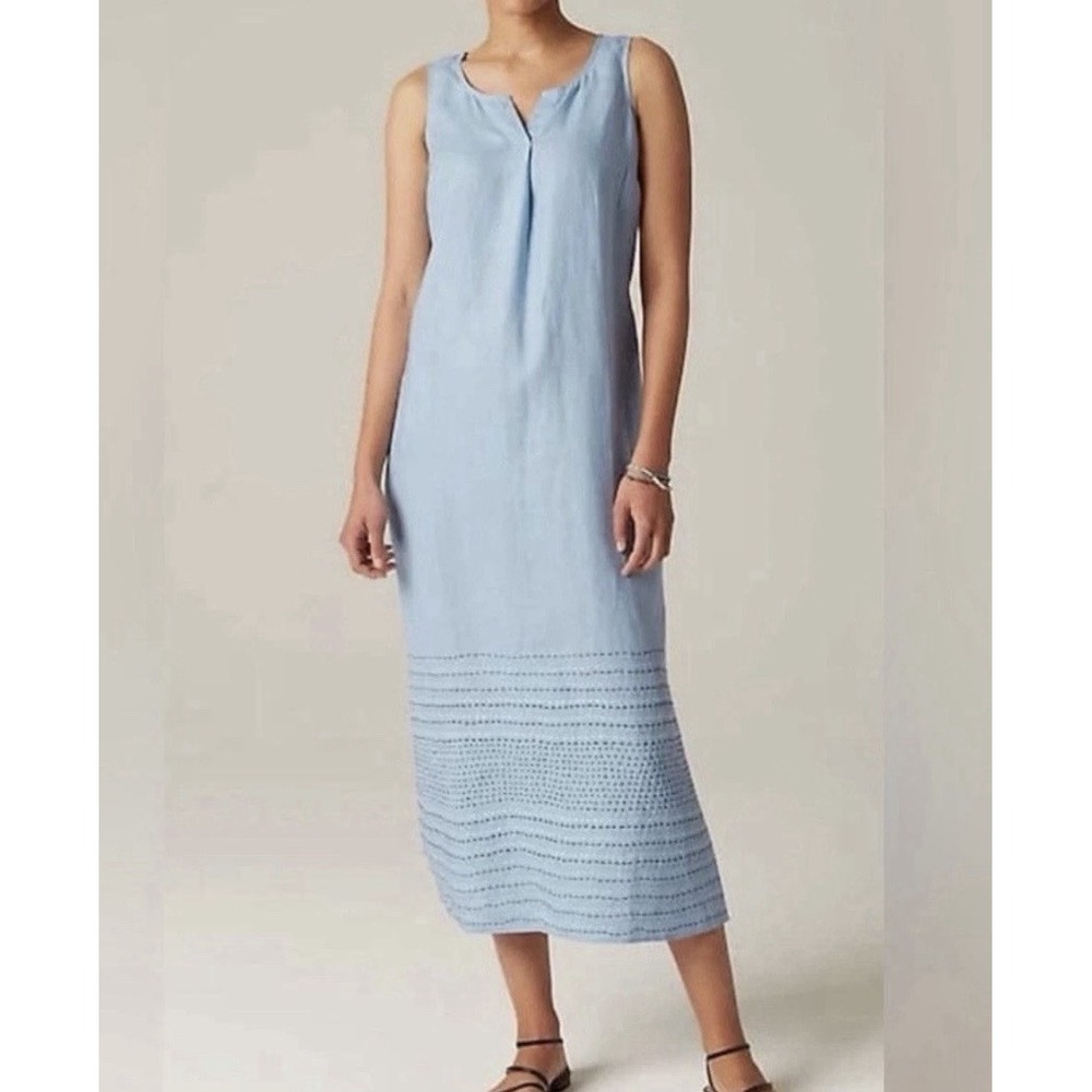 Pure Jill Kantha Quilt Stitched Linen Maxi Dress 2X Blue Embroidered Boho Resort